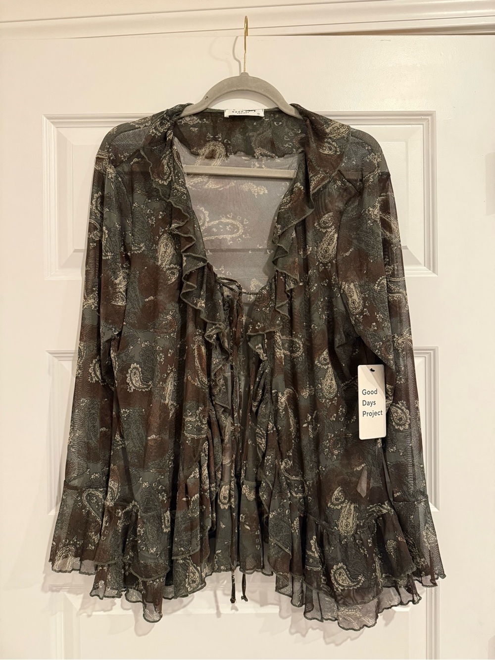 Free People Good Days Ruffled Paisley Sheer Blouse - Olive Brown